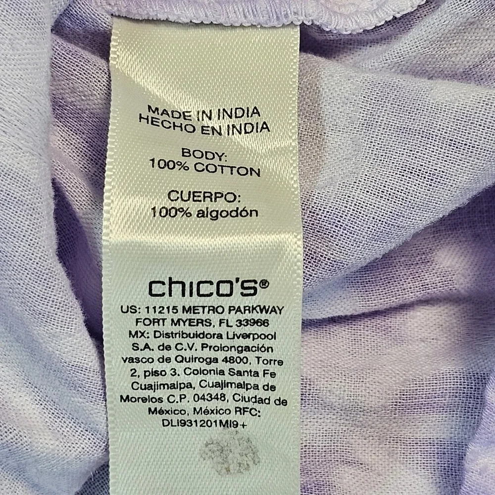 Chicos Women's Purple Blouse 3/4‎ Sleeve 100% Cotton Size 3